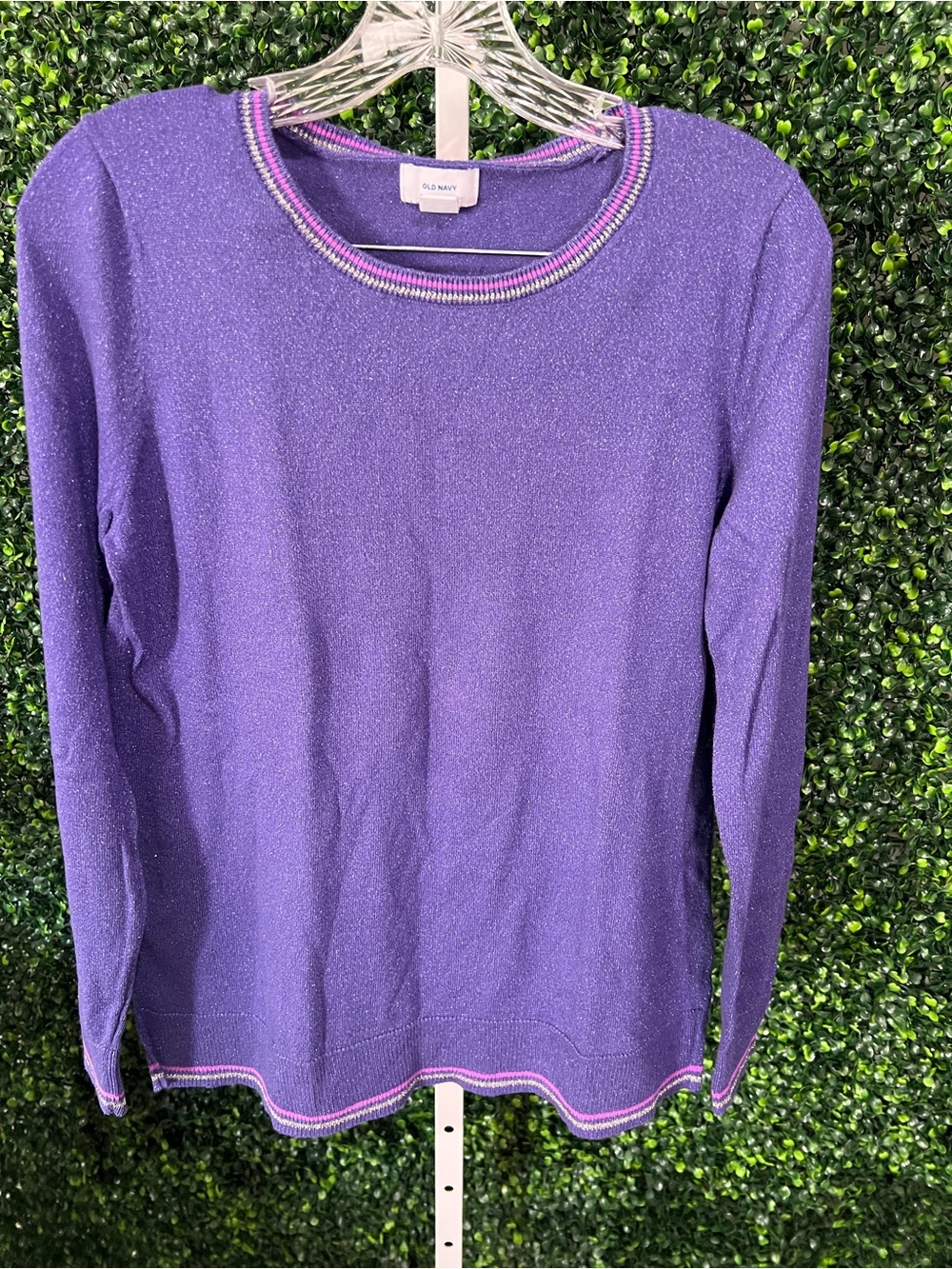 Old Navy Purple Sparkle Long-Sleeve Crewneck Top with Multicolor Trim